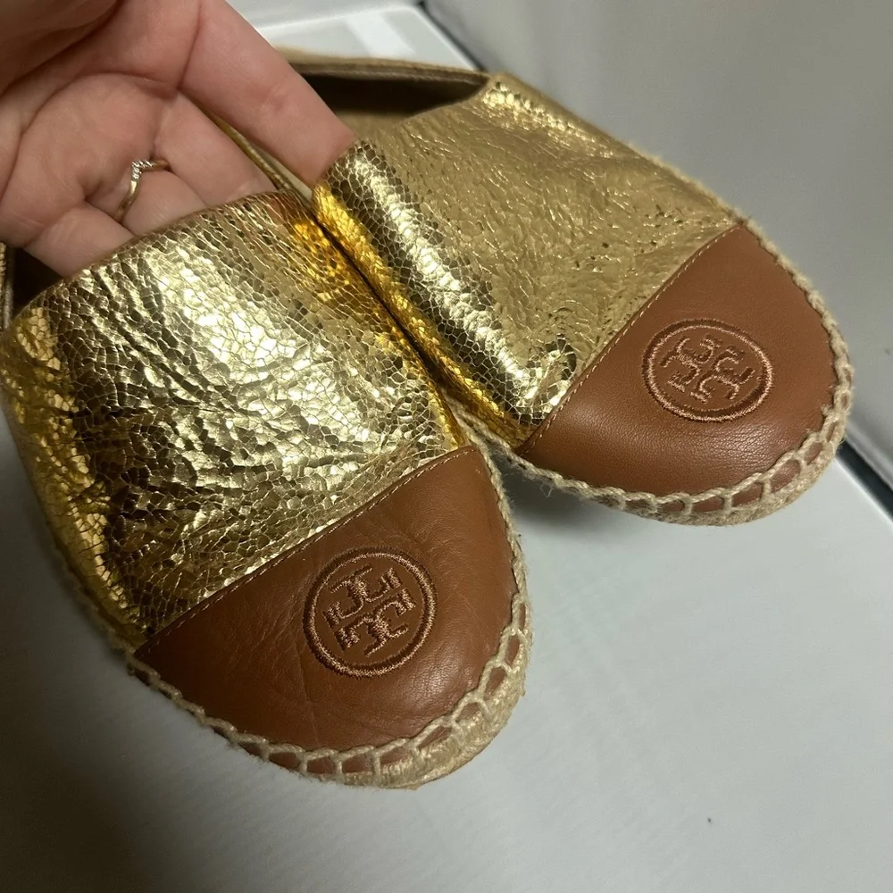 Tory Burch Metallic Gold and Tan Espadrilles